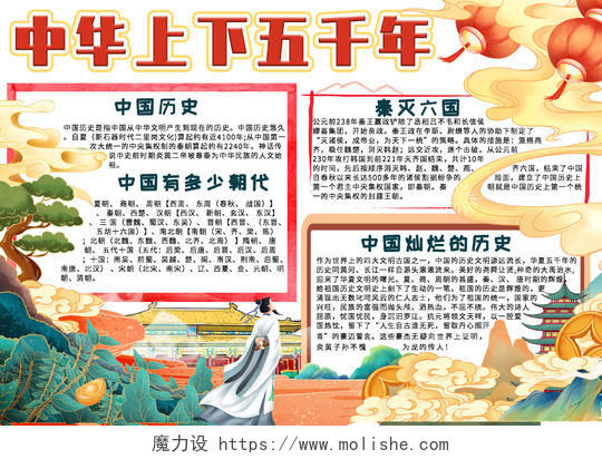 黄色中华上下五千年古风国潮风小报手抄报中国历史